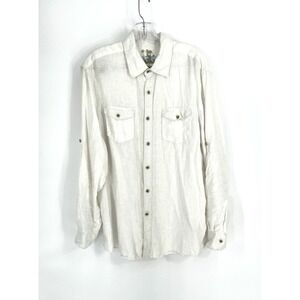 Islander Mens Large Shirt Button Up 100% Linen White Roll Tab Sleeve Beachy